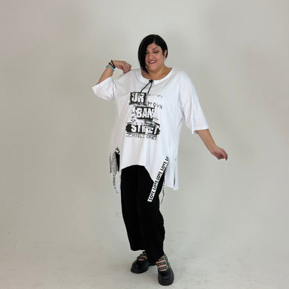 Sinne by Coom Oversize Shirt Urban Print Kordel-Ausschnitt Schwarz Weiß