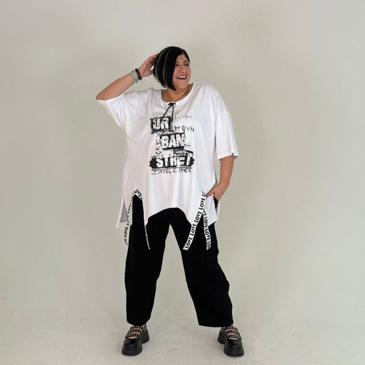 Sinne by Coom Oversize Shirt Urban Print Kordel-Ausschnitt Schwarz Weiß