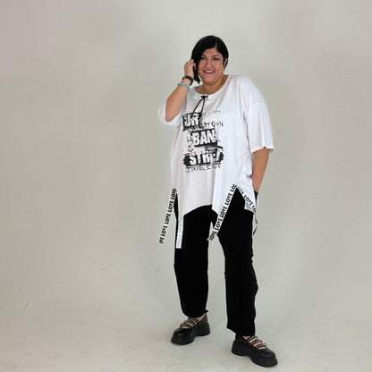 Sinne by Coom Oversize Shirt Urban Print Kordel-Ausschnitt Schwarz Weiß