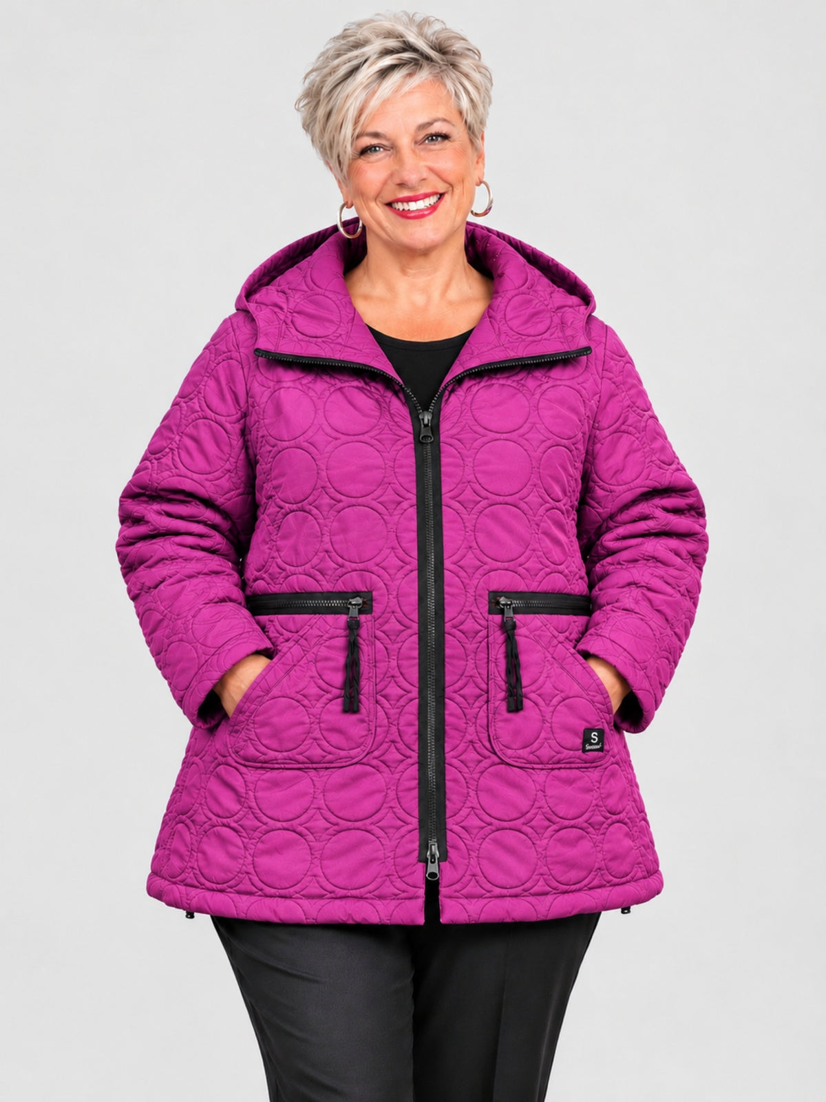 Sinne by Coom Design Steppjacke mit Kapuze leicht wattiert A-Linie – Fuchsia/Kiwi/Lila/Schwarz Gr. 44–54