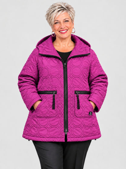 Sinne by Coom Design Steppjacke mit Kapuze leicht wattiert A-Linie – Fuchsia/Kiwi/Lila/Schwarz Gr. 44–54