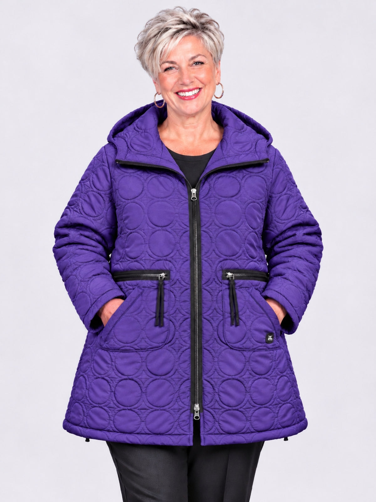 Sinne by Coom Design Steppjacke mit Kapuze leicht wattiert A-Linie – Fuchsia/Kiwi/Lila/Schwarz Gr. 44–54