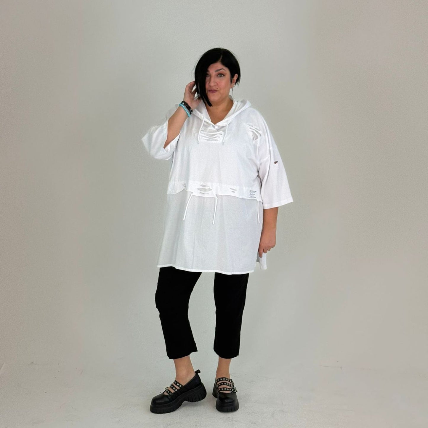 Sinne by Coom Tunika mit Cut-Outs & Kapuze Pink Weiß Grau Grün