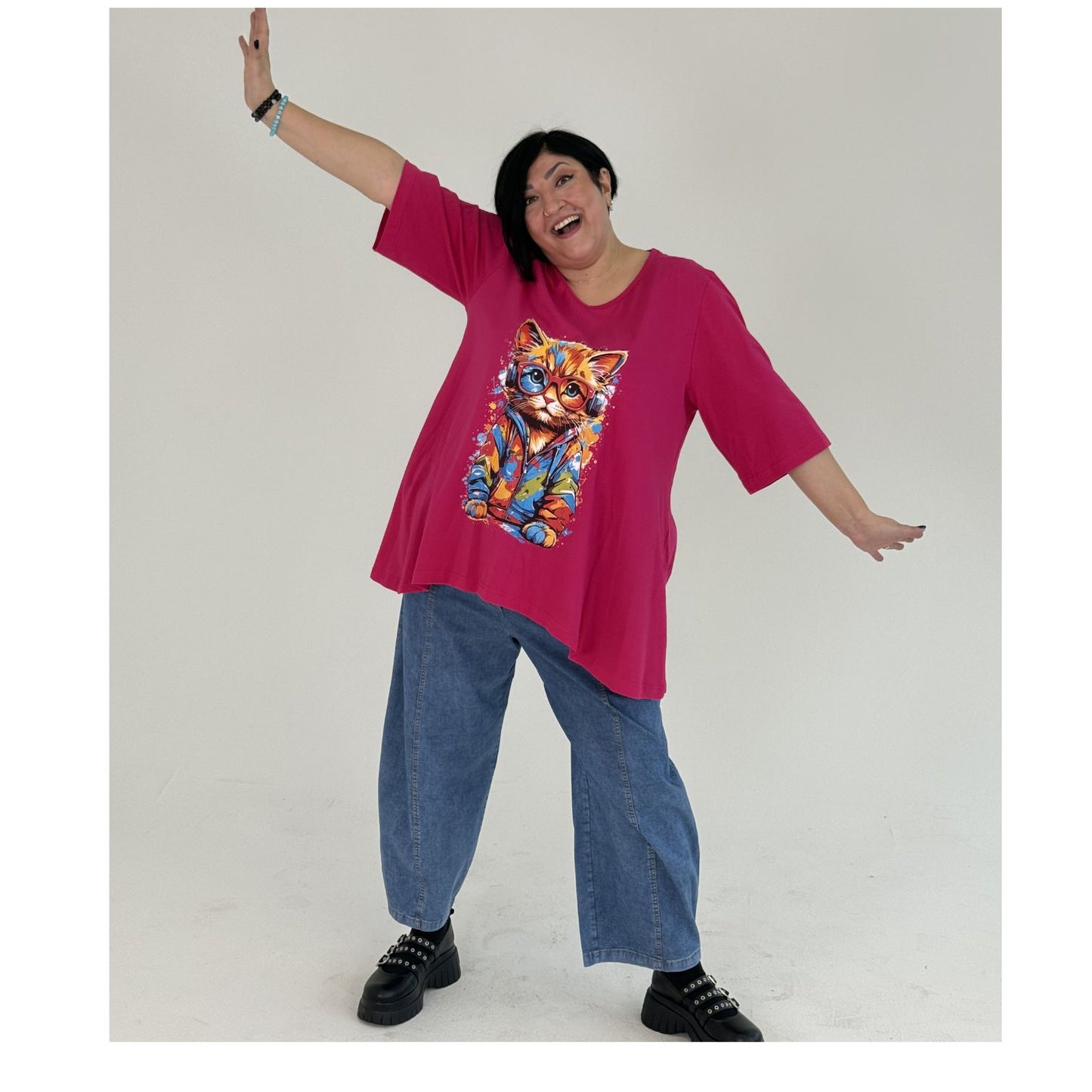 Sinne by Coom Shirt Katze – A-Form Kurzarm Pink