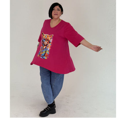 Sinne by Coom Shirt Katze – A-Form Kurzarm Pink