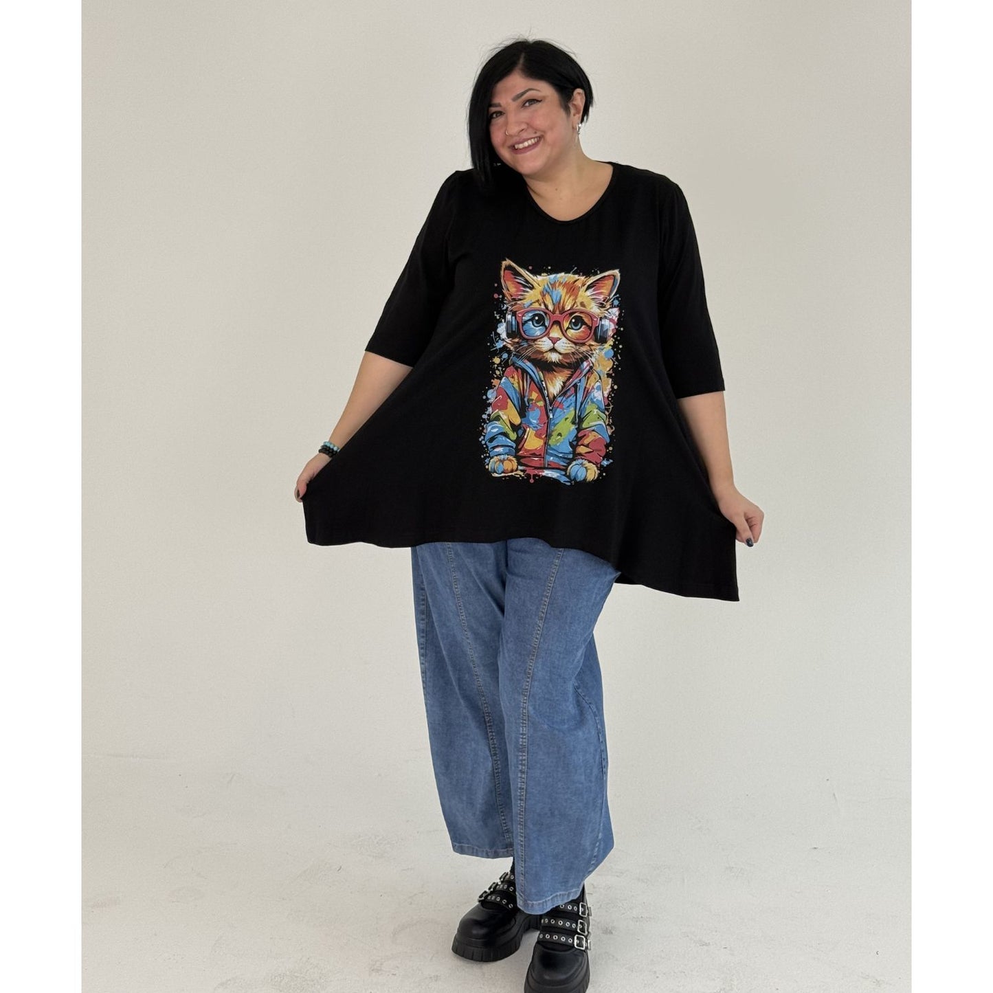 Sinne by Coom Shirt Katze – A-Form Kurzarm Schwarz