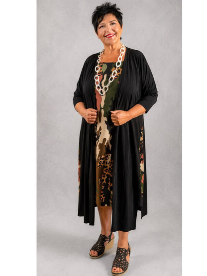 Sophia Curvy Long-Cardigan Schwarz Camo-Leopard-Einsatz – Gr. 1–3 (EU 40–62)