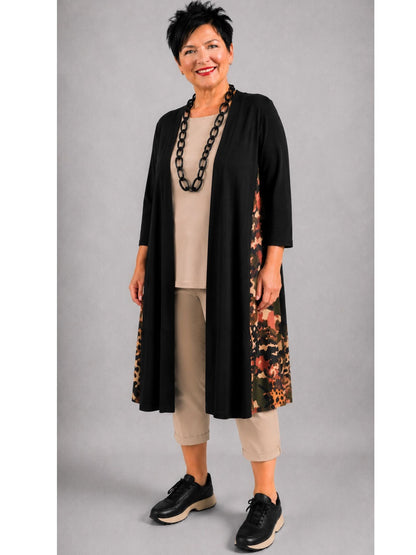Sophia Curvy Long-Cardigan Schwarz Camo-Leopard-Einsatz – Gr. 1–3 (EU 40–62)