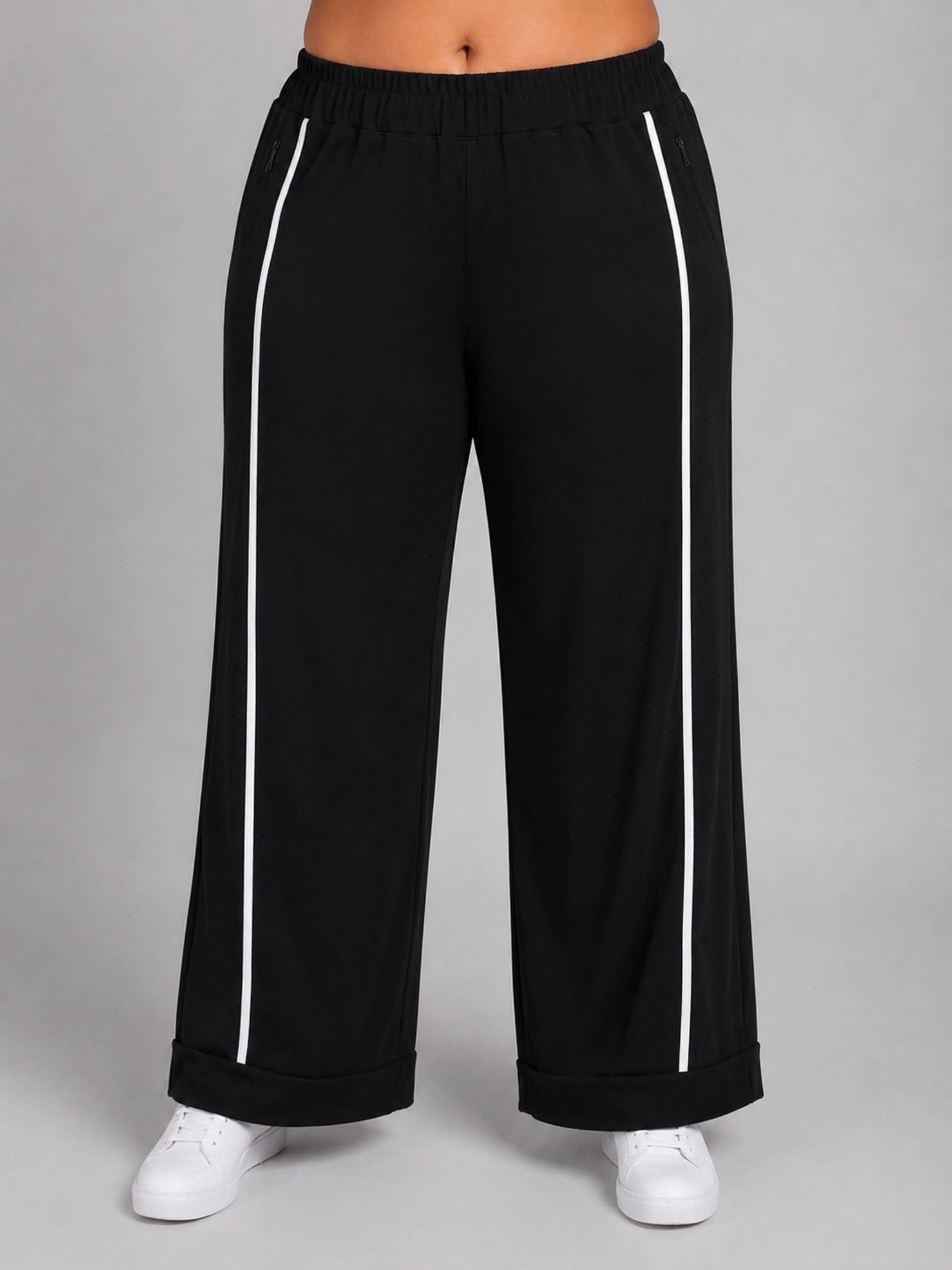 Sophia Curvy Marlene-Hose Viskose mit Zierstreifen – Schwarz/Weiß Gr. L–5XL (EU 44–62)