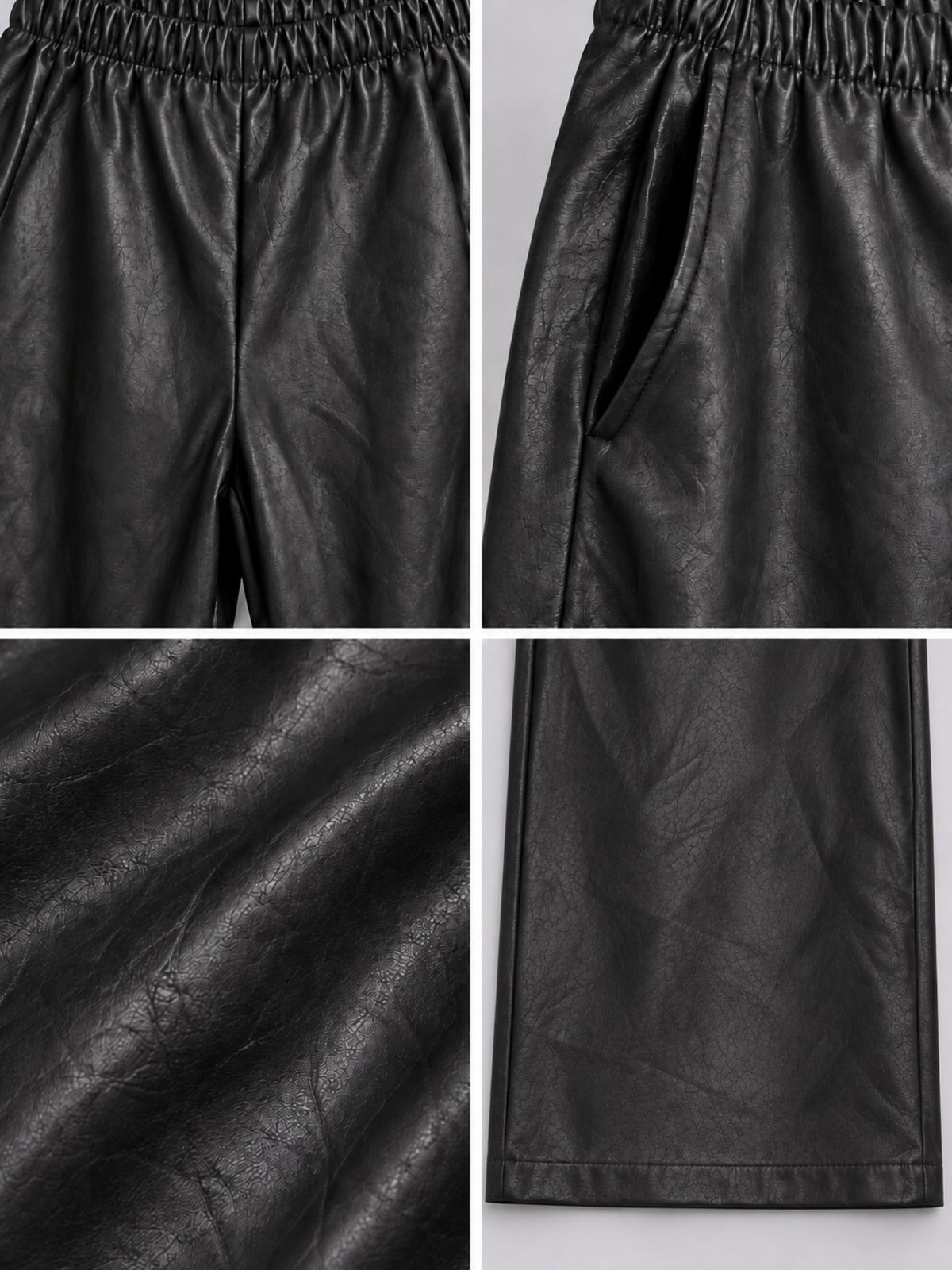 Gummibund, Seitentasche und Prägung der passenden schwarzen Hose aus Lederimitat, Detailansicht