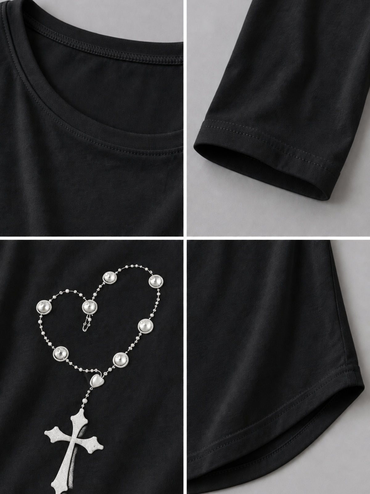 Rundhals, Ärmelsaum und gedruckte Kreuzkette mit kleinen Straßsteinen am schwarzen Shirt, Detailansicht
