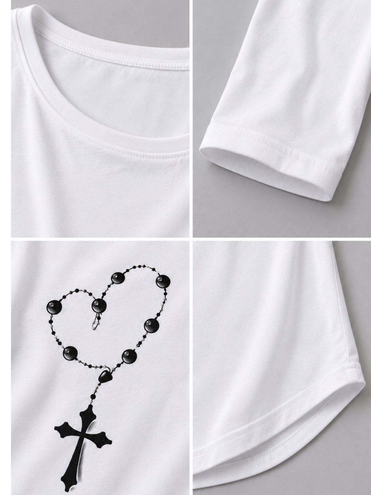 Rundhals, Ärmelsaum und gedruckte Kreuzkette mit kleinen Straßsteinen am weißen Shirt, Detailansicht