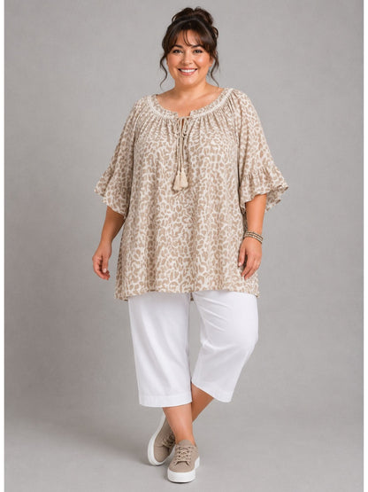 Blusenshirt Carmen-Ausschnitt Animal-Print große Größen – Pink, Orange, Grün, Gelb, Beige, Schwarz, Gr. 48–56