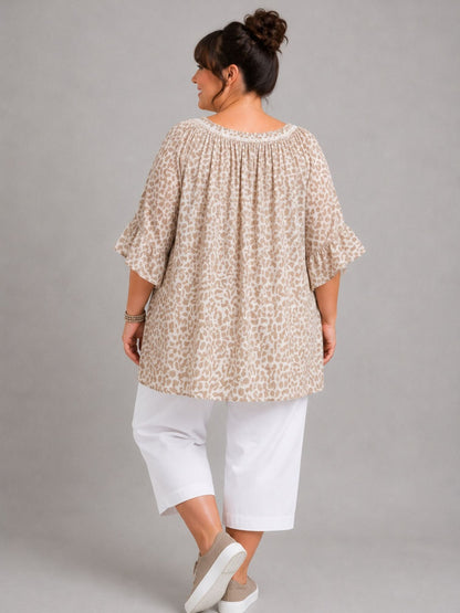 Blusenshirt Carmen-Ausschnitt Animal-Print große Größen – Pink, Orange, Grün, Gelb, Beige, Schwarz, Gr. 48–56