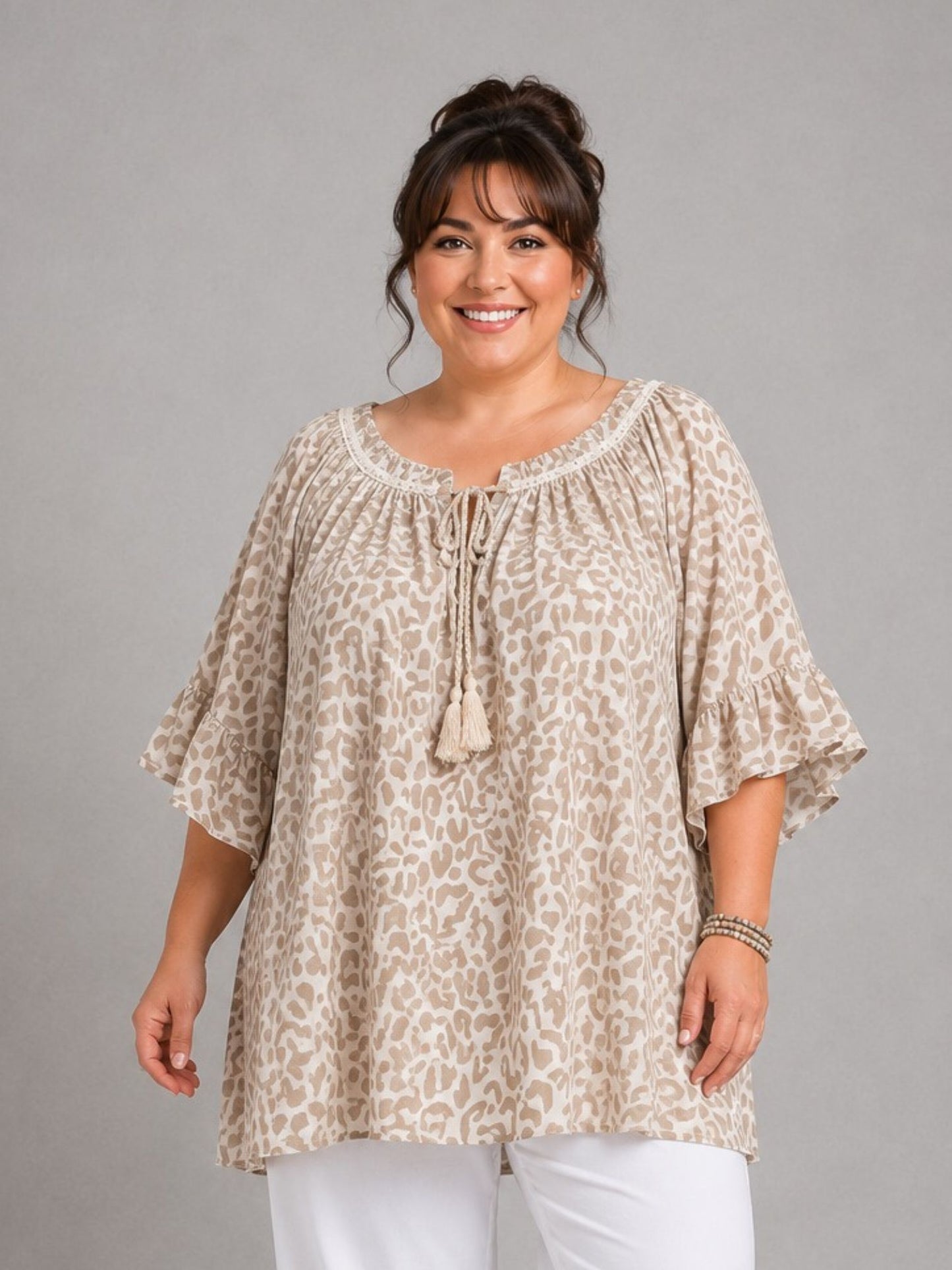 Blusenshirt Carmen-Ausschnitt Animal-Print große Größen – Pink, Orange, Grün, Gelb, Beige, Schwarz, Gr. 48–56