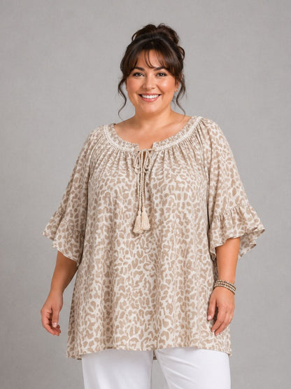 Blusenshirt Carmen-Ausschnitt Animal-Print große Größen – Pink, Orange, Grün, Gelb, Beige, Schwarz, Gr. 48–56