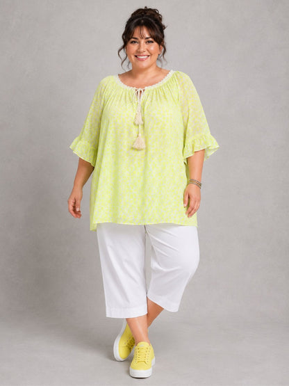 Blusenshirt Carmen-Ausschnitt Animal-Print große Größen – Pink, Orange, Grün, Gelb, Beige, Schwarz, Gr. 48–56