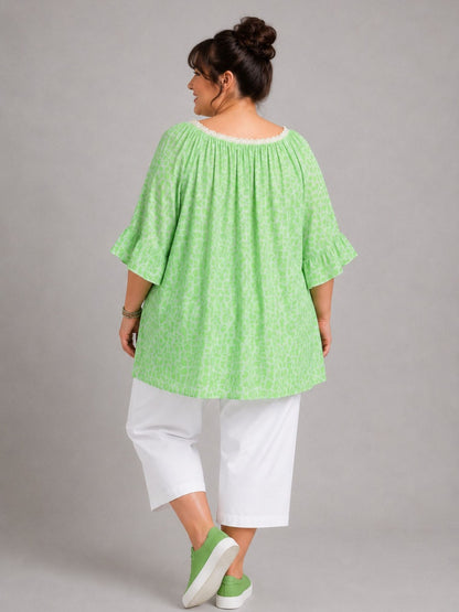 Blusenshirt Carmen-Ausschnitt Animal-Print große Größen – Pink, Orange, Grün, Gelb, Beige, Schwarz, Gr. 48–56