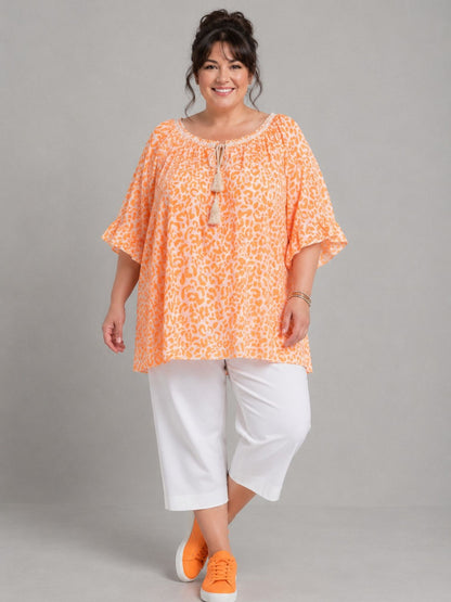 Blusenshirt Carmen-Ausschnitt Animal-Print große Größen – Pink, Orange, Grün, Gelb, Beige, Schwarz, Gr. 48–56