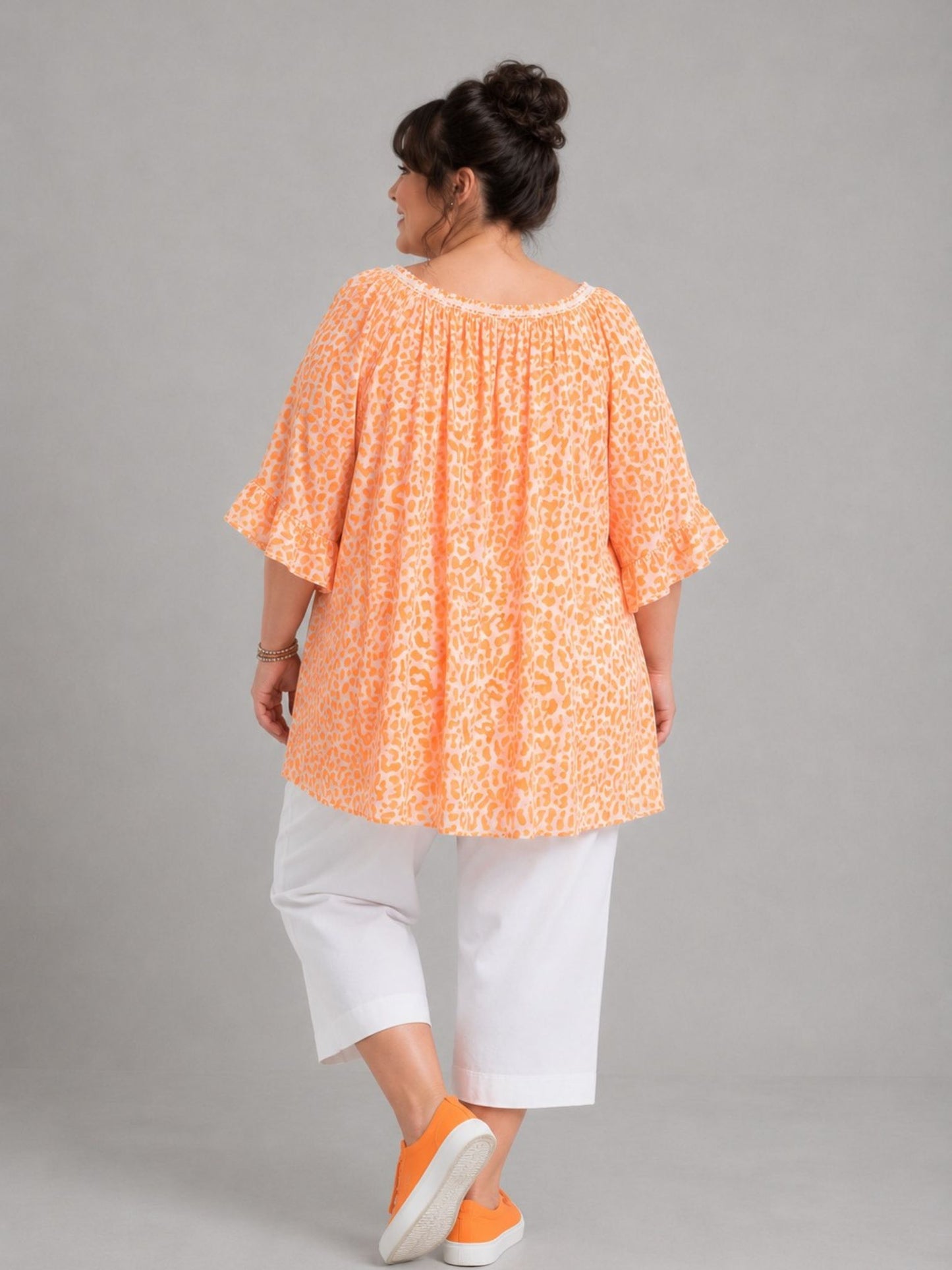 Blusenshirt Carmen-Ausschnitt Animal-Print große Größen – Pink, Orange, Grün, Gelb, Beige, Schwarz, Gr. 48–56