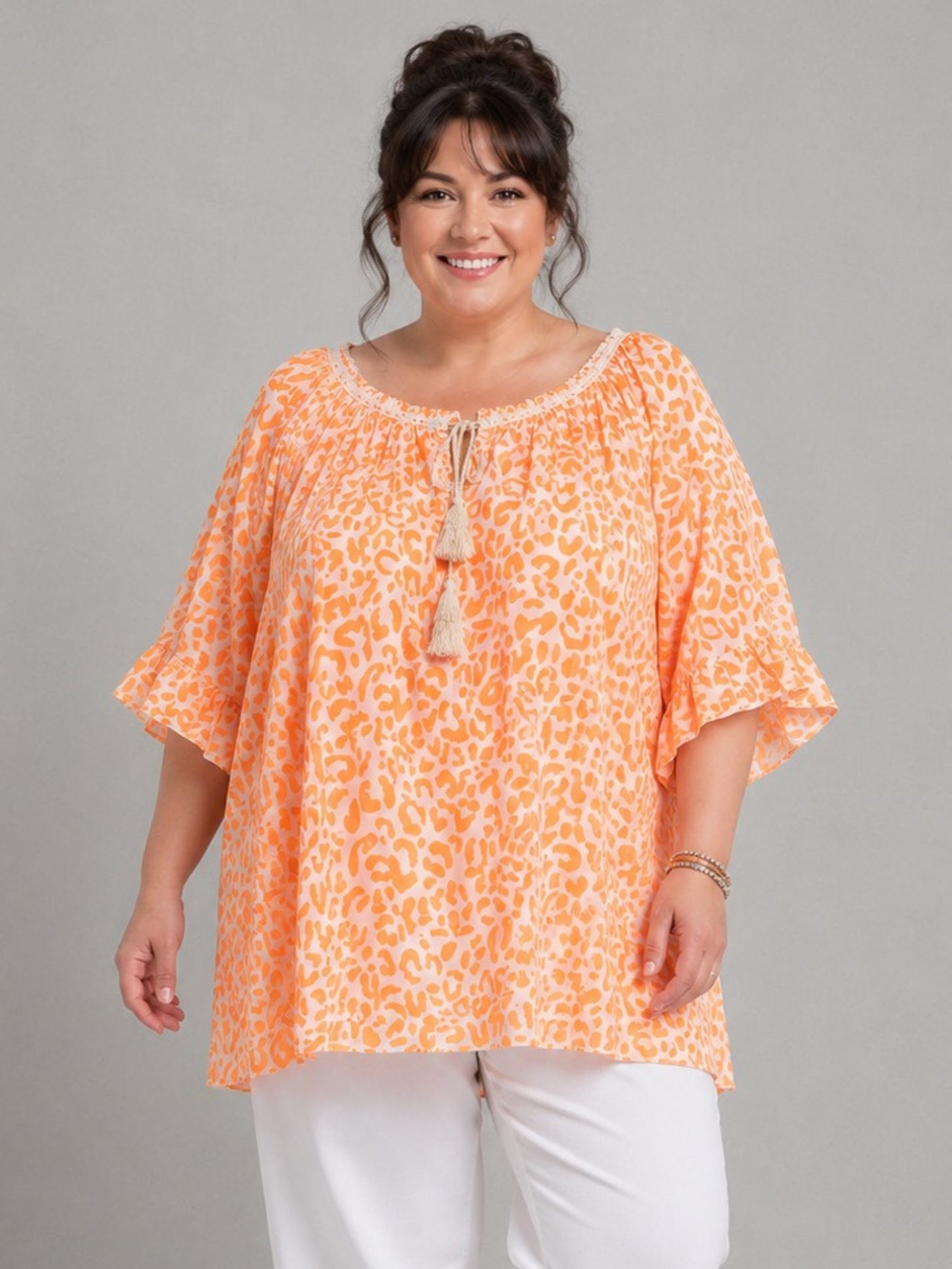 Blusenshirt Carmen-Ausschnitt Animal-Print große Größen – Pink, Orange, Grün, Gelb, Beige, Schwarz, Gr. 48–56