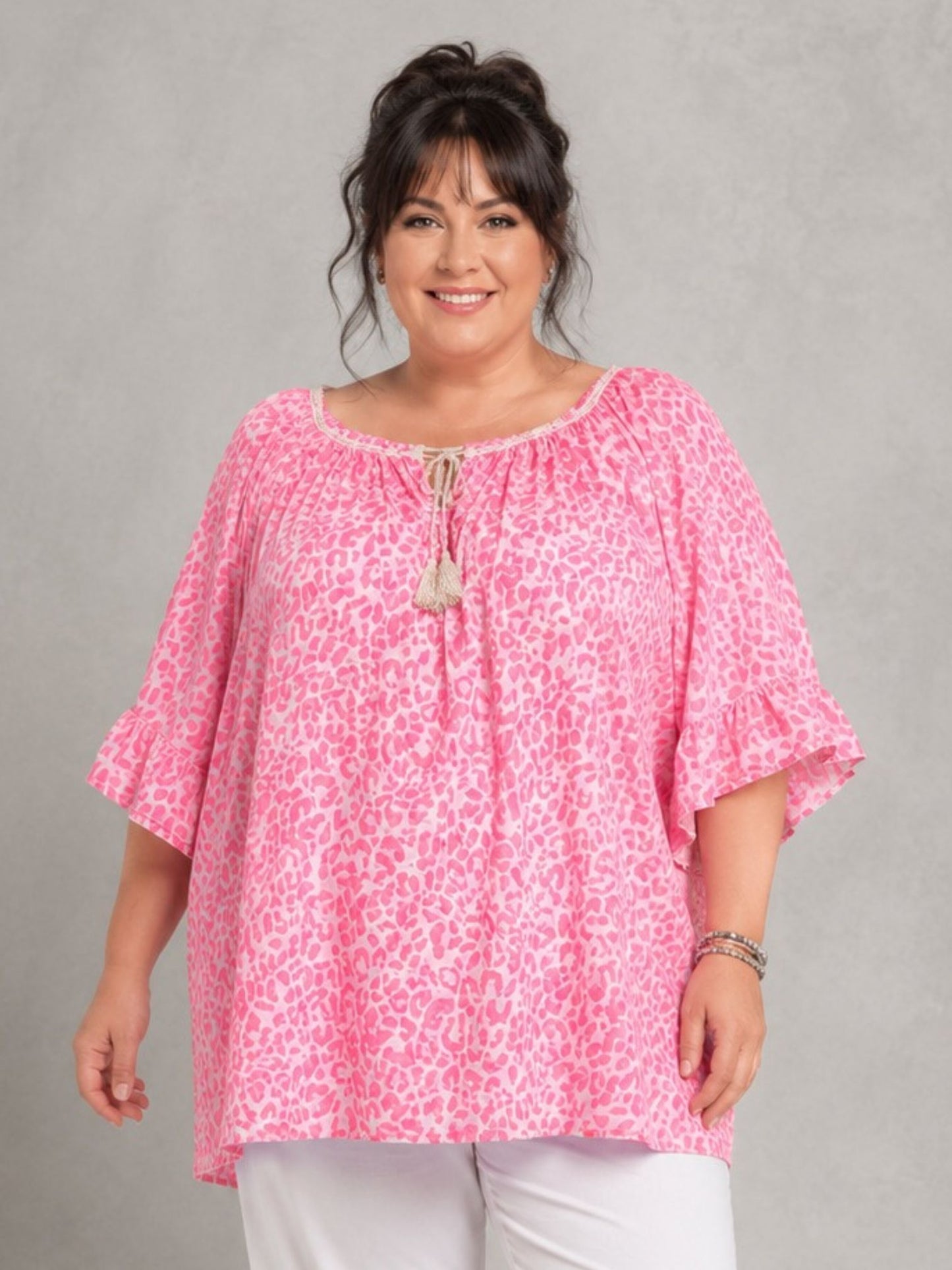 Blusenshirt Carmen-Ausschnitt Animal-Print große Größen – Pink, Orange, Grün, Gelb, Beige, Schwarz, Gr. 48–56