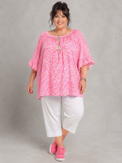 Blusenshirt Carmen-Ausschnitt Animal-Print große Größen – Pink, Orange, Grün, Gelb, Beige, Schwarz, Gr. 48–56