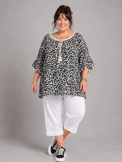 Blusenshirt Carmen-Ausschnitt Animal-Print große Größen – Pink, Orange, Grün, Gelb, Beige, Schwarz, Gr. 48–56