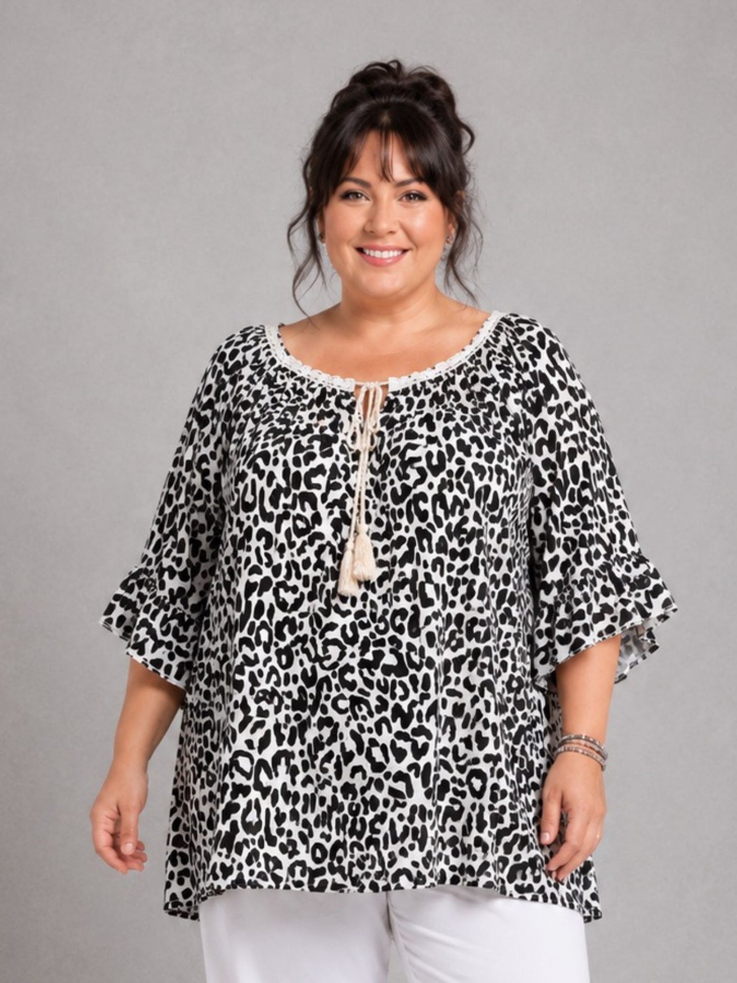 Blusenshirt Carmen-Ausschnitt Animal-Print große Größen – Pink, Orange, Grün, Gelb, Beige, Schwarz, Gr. 48–56