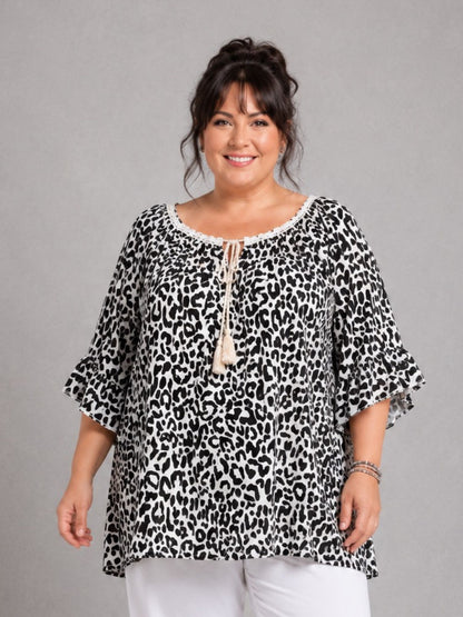 Blusenshirt Carmen-Ausschnitt Animal-Print große Größen – Pink, Orange, Grün, Gelb, Beige, Schwarz, Gr. 48–56