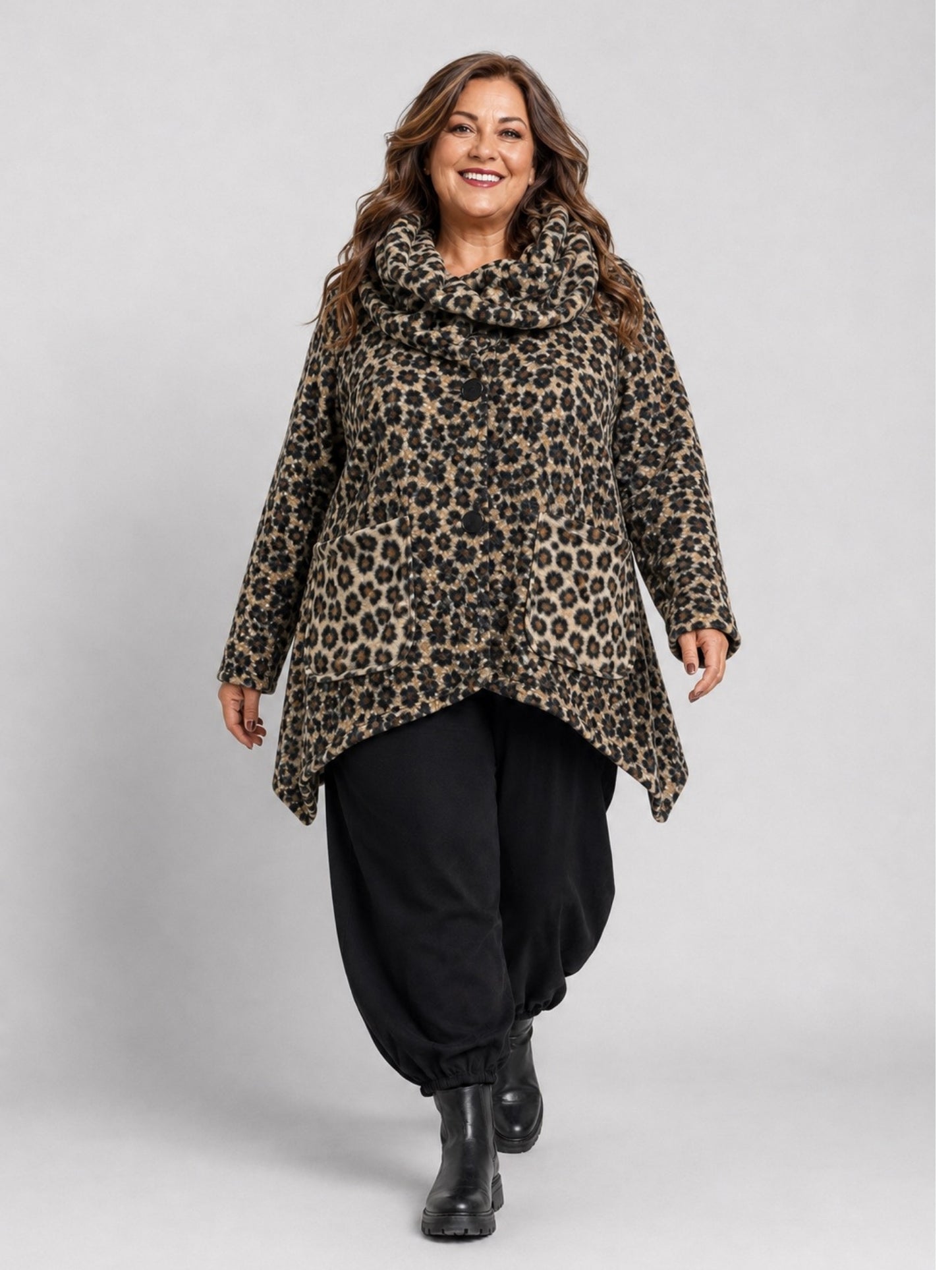 Vincenzo Allocca Wolljacke Leoprint mit doppeltem Kragen Oversize – Braun/Schwarz, Einheitsgröße 44–58