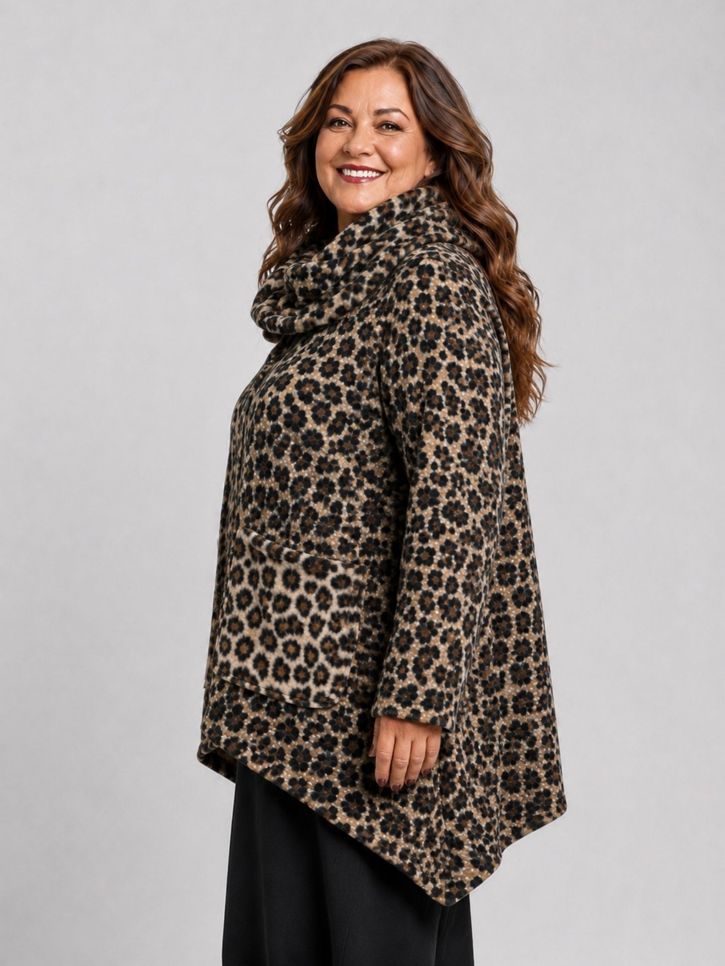 Vincenzo Allocca Wolljacke Leoprint mit doppeltem Kragen Oversize – Braun/Schwarz, Einheitsgröße 44–58