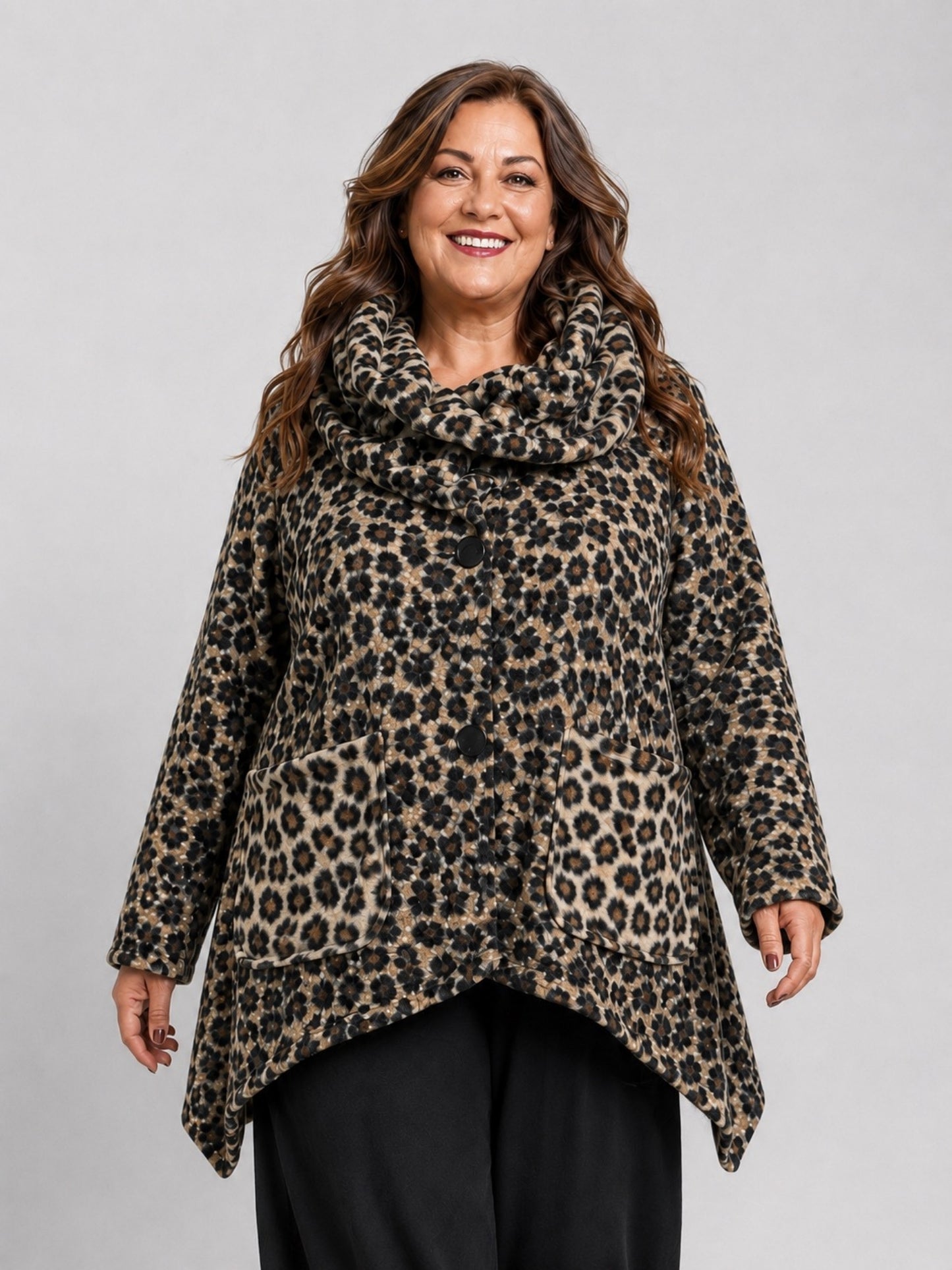 Vincenzo Allocca Wolljacke Leoprint mit doppeltem Kragen Oversize – Braun/Schwarz, Einheitsgröße 44–58