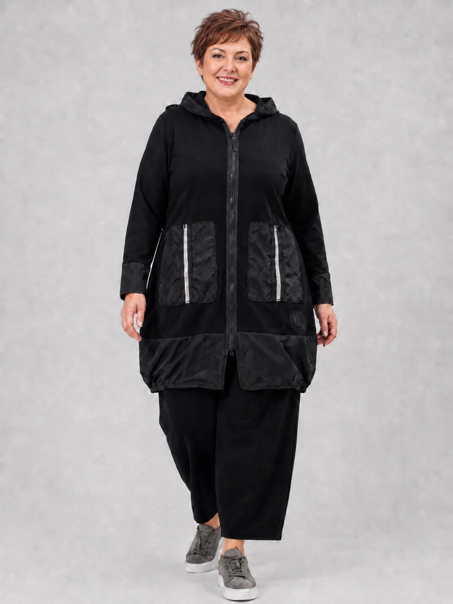 Vincenzo Allocca lange Jacke Baumwolle mit Microtaft und Kapuze – Schwarz Gr. 44/46–60/62