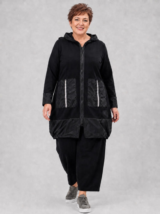 Vincenzo Allocca lange Jacke Baumwolle mit Microtaft und Kapuze – Schwarz Gr. 44/46–60/62