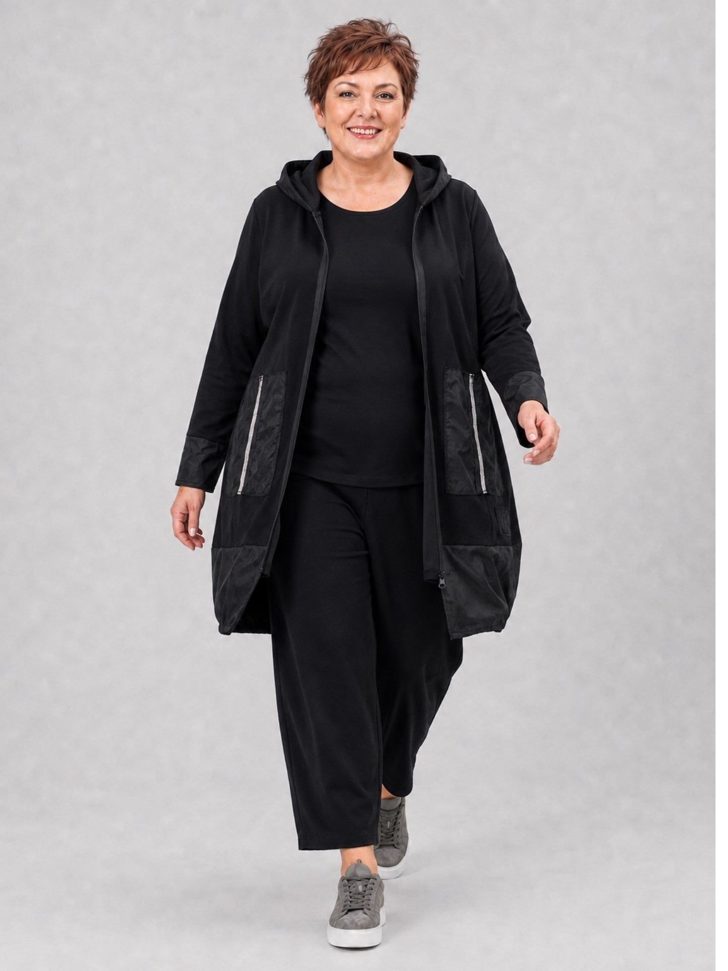Vincenzo Allocca lange Jacke Baumwolle mit Microtaft und Kapuze – Schwarz Gr. 44/46–60/62