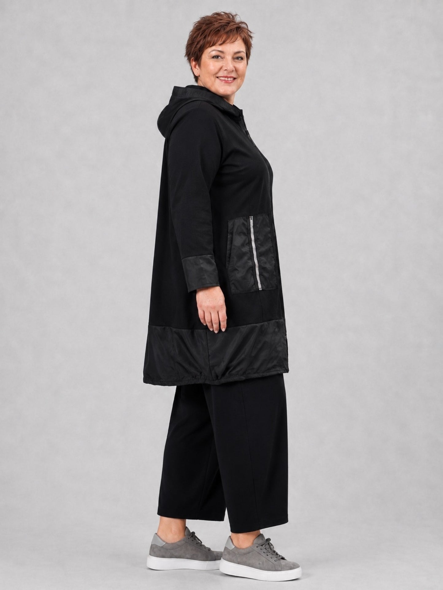 Vincenzo Allocca lange Jacke Baumwolle mit Microtaft und Kapuze – Schwarz Gr. 44/46–60/62