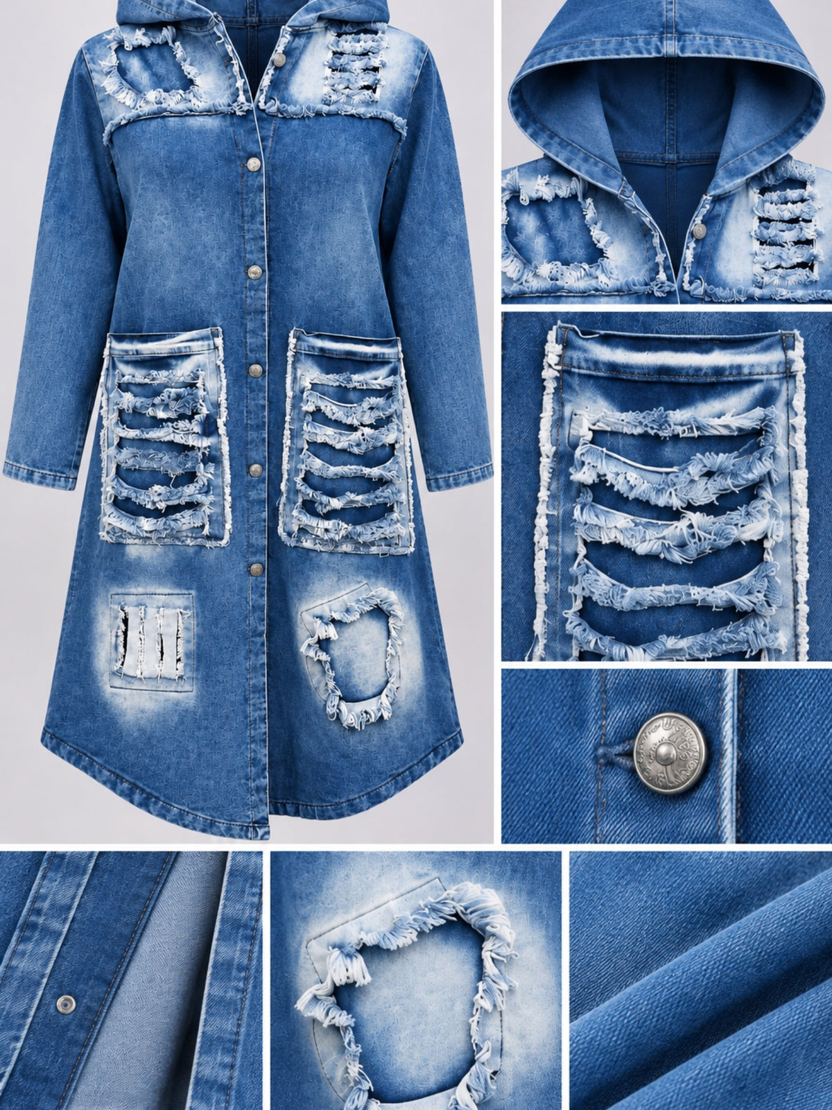 Fransentasche, Kapuze, Metallknopf und abgewetzte Flicken des blauen Jeansmantels, Detailansicht