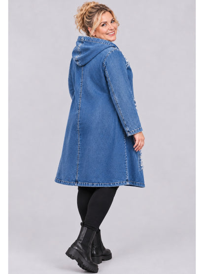 Blauer Jeansmantel mit Kapuze und durchgehenden Ziernähten am Rücken, Rückansicht