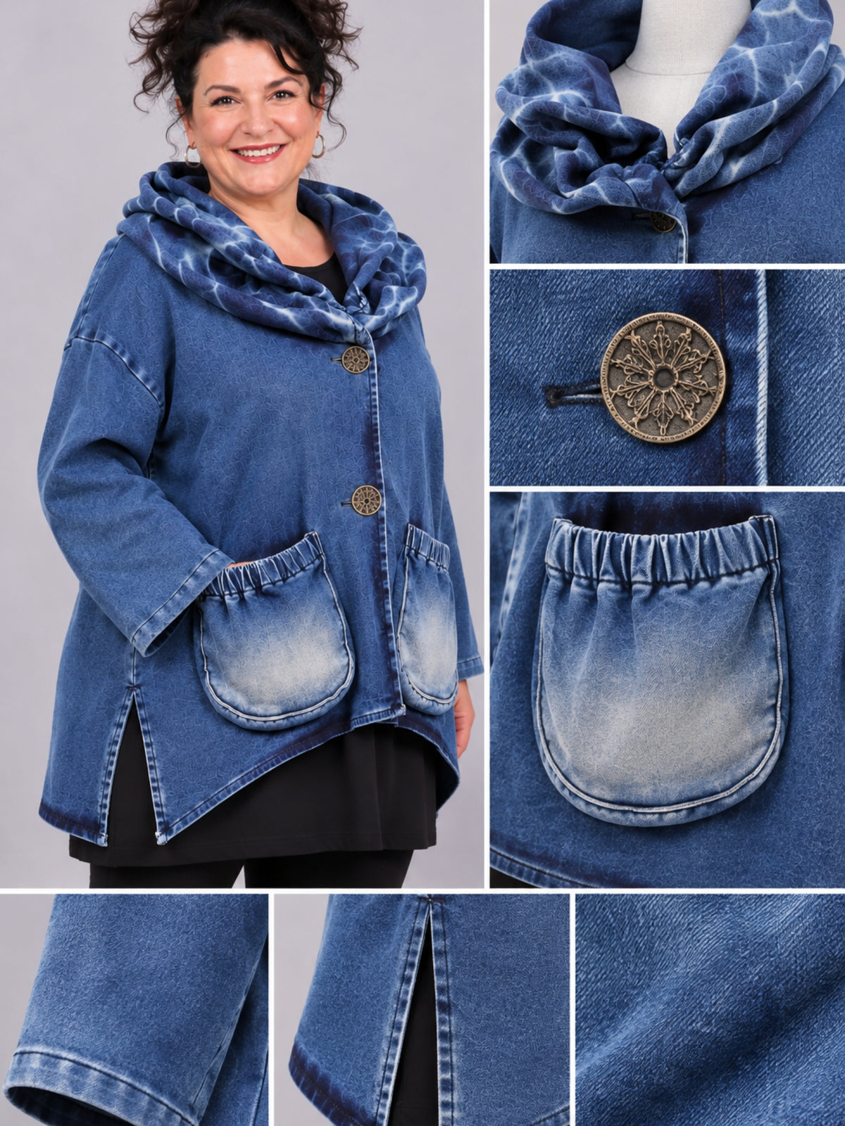Doppelter Kragen und Waschung der blauen Jeansjacke, Detailansicht