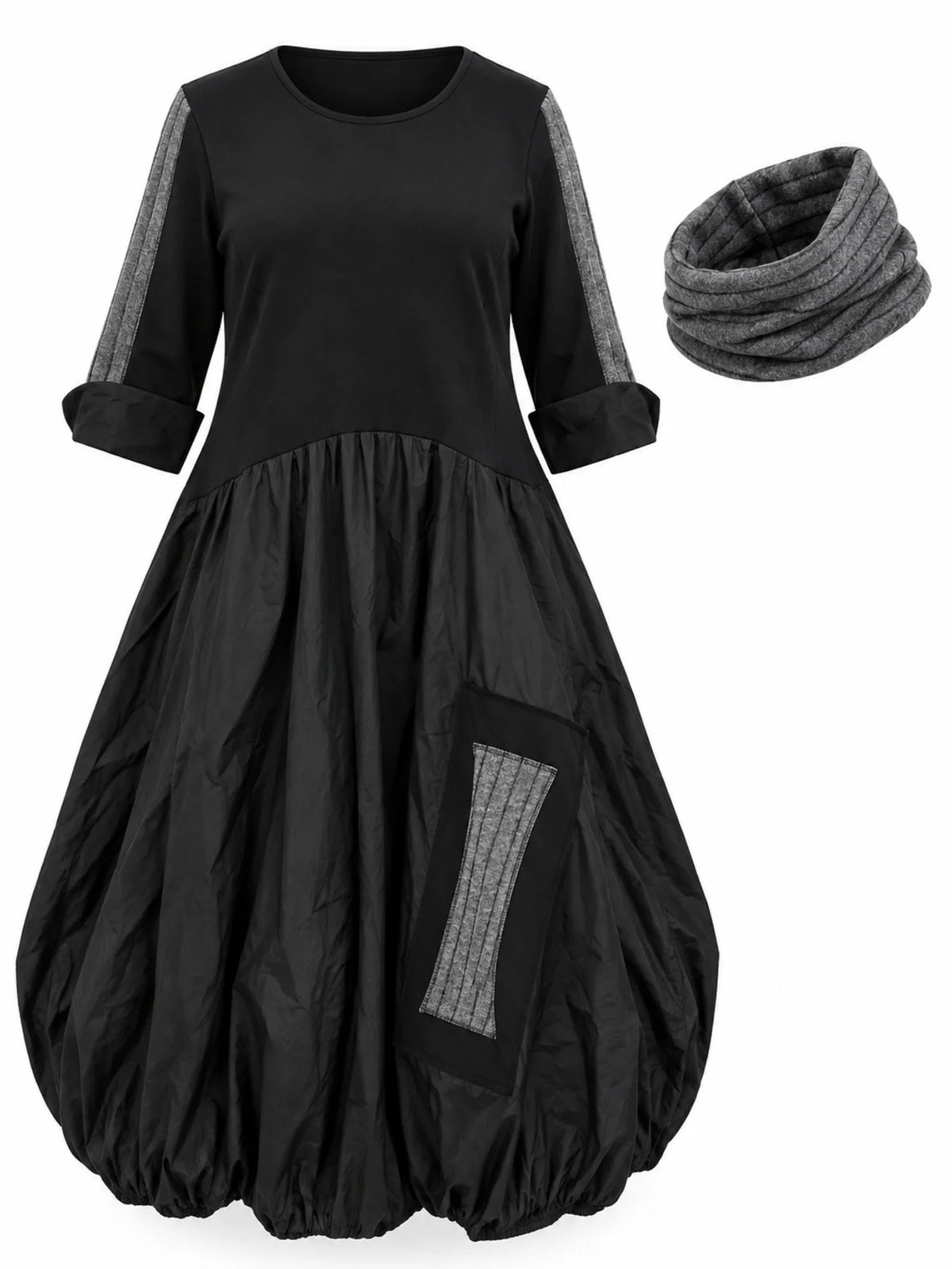 Schwarzes Ballonkleid mit grauen Einsätzen und abnehmbarem grauen Rollkragen, Produktansicht