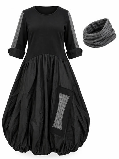 Schwarzes Ballonkleid mit grauen Einsätzen und abnehmbarem grauen Rollkragen, Produktansicht