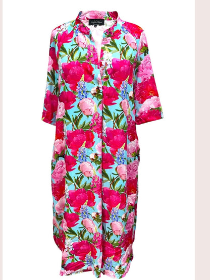Vincenzo Allocca Kleid – großer Blumendruck – Pfingstrosen-Print in Pink und Türkis