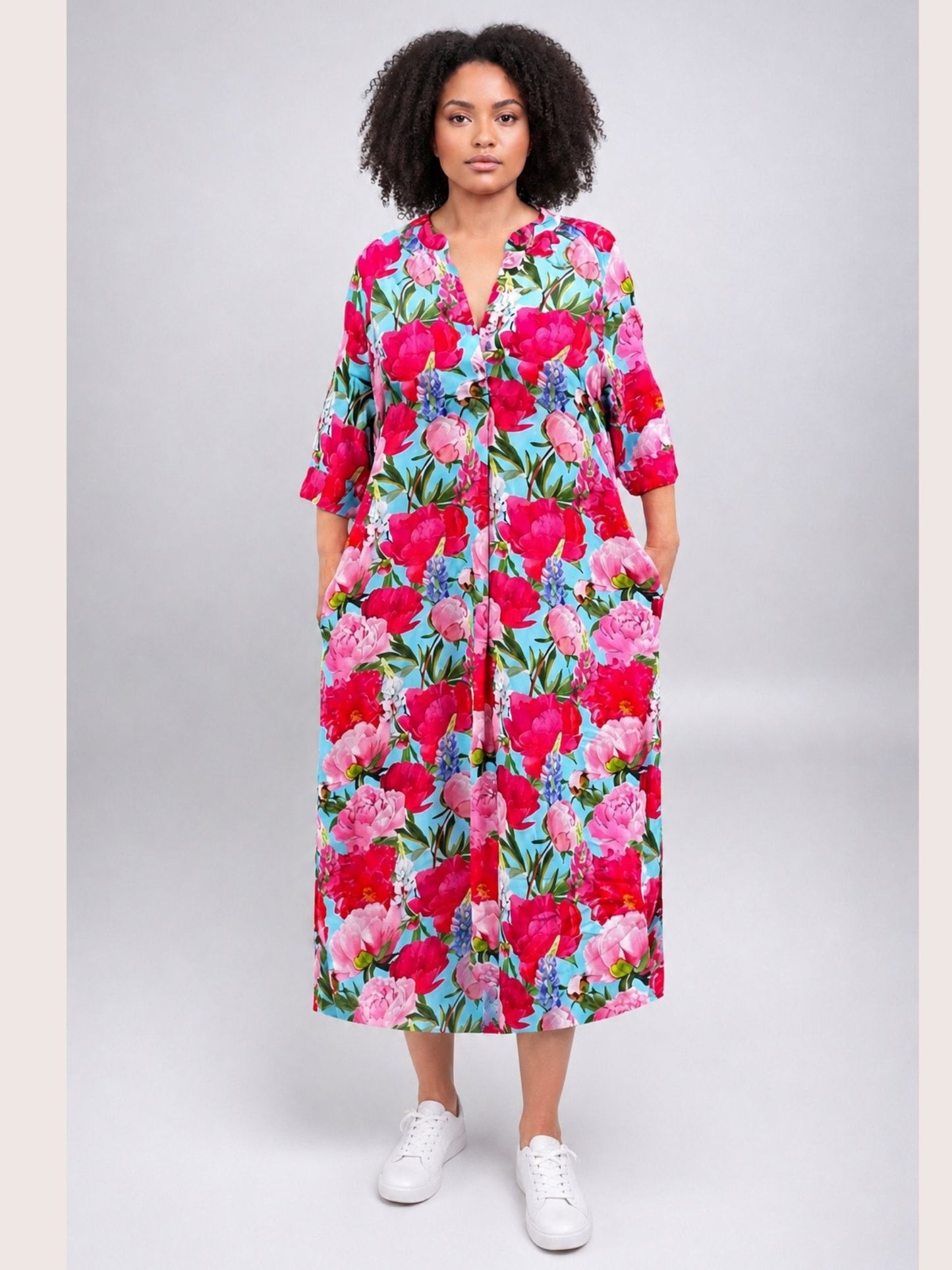 Vincenzo Allocca Kleid – großer Blumendruck – Pfingstrosen-Print in Pink und Türkis