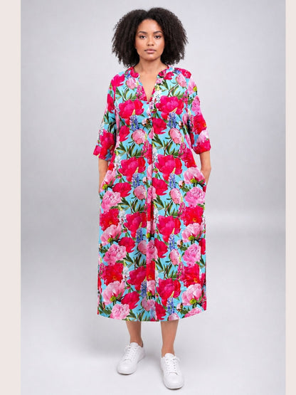 Vincenzo Allocca Kleid – großer Blumendruck – Pfingstrosen-Print in Pink und Türkis