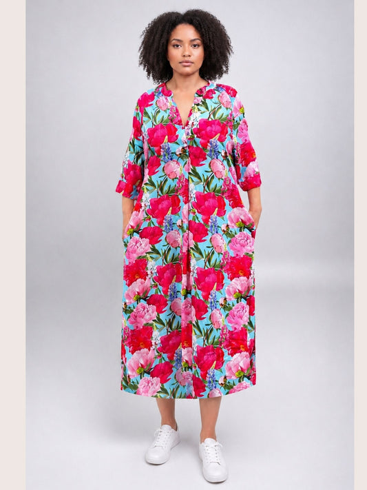 Vincenzo Allocca Kleid – großer Blumendruck – Pfingstrosen-Print in Pink und Türkis