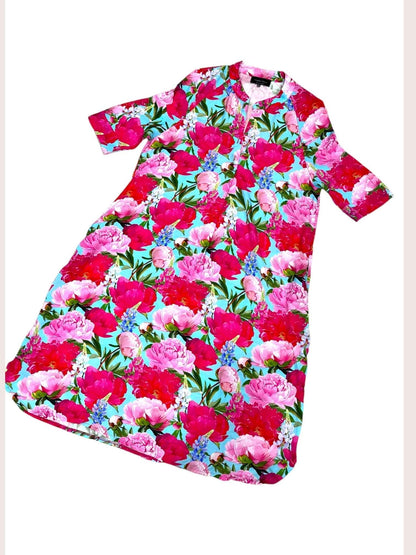Vincenzo Allocca Kleid – großer Blumendruck – Pfingstrosen-Print in Pink und Türkis