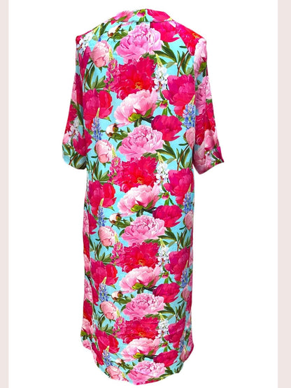 Vincenzo Allocca Kleid – großer Blumendruck – Pfingstrosen-Print in Pink und Türkis