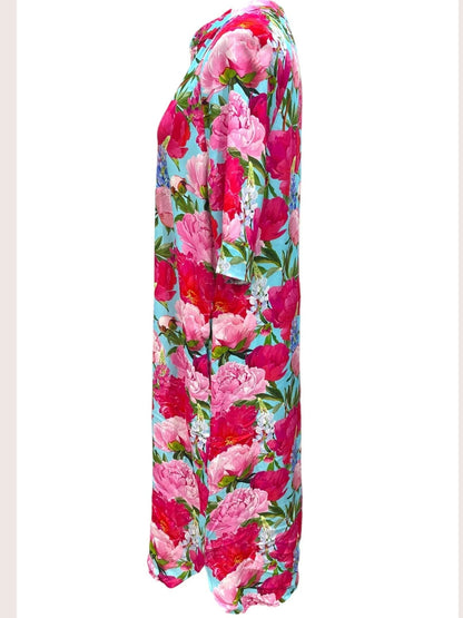Vincenzo Allocca Kleid – großer Blumendruck – Pfingstrosen-Print in Pink und Türkis