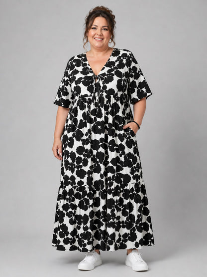 Vincenzo Allocca Maxikleid Viskose Halbarm – Schwarz/Weiß Blüten-Print Gr. 44–62